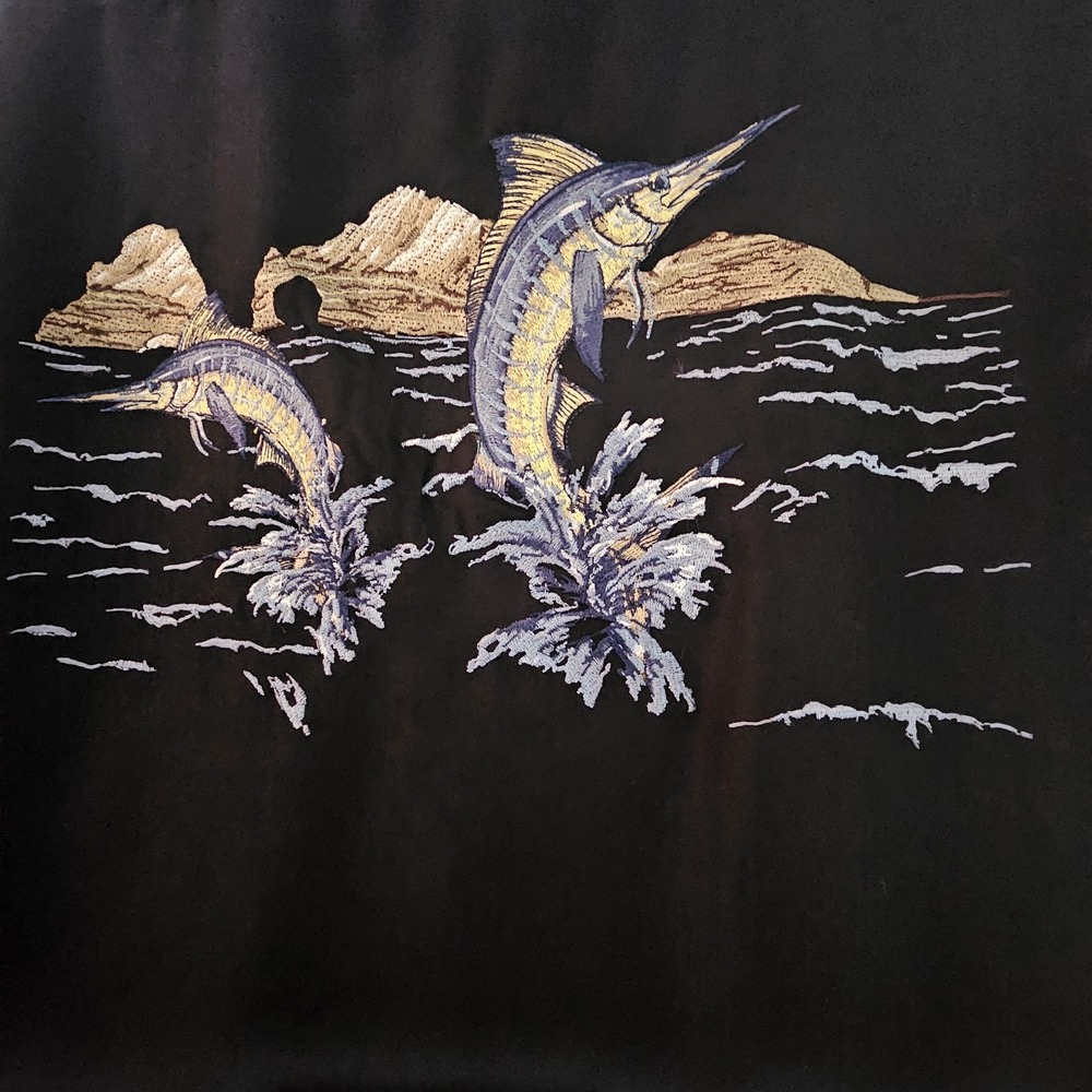 HOOK & TACKLE Men 2XL Black MARLIN Embroidered pocket and‎ back Camp Shirt EUC - Picture 10 of 11